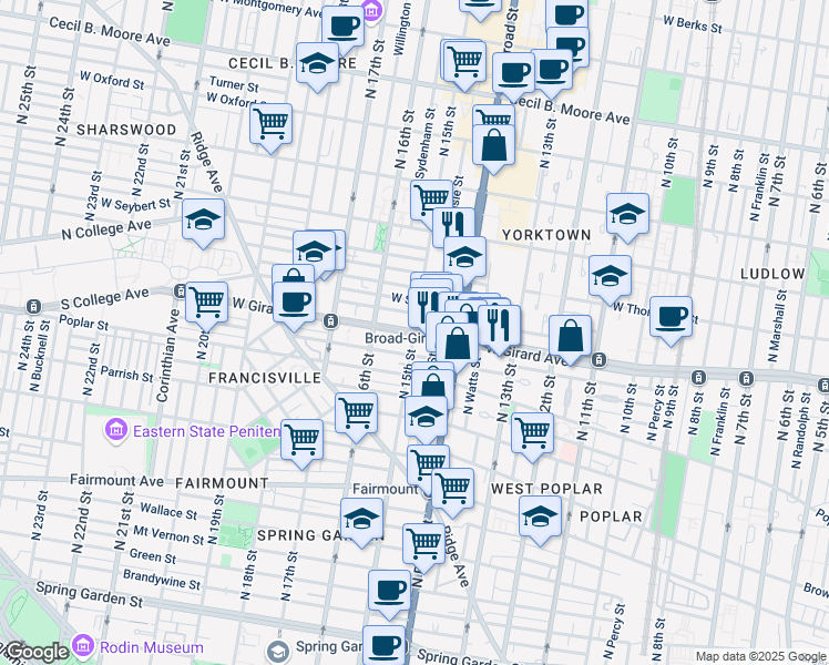 map of restaurants, bars, coffee shops, grocery stores, and more near W Girard Ave & N 15th St in Philadelphia