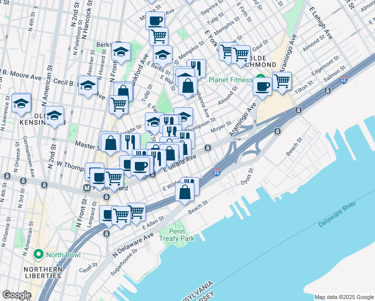 map of restaurants, bars, coffee shops, grocery stores, and more near 1202 East Montgomery Avenue in Philadelphia