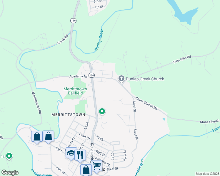 map of restaurants, bars, coffee shops, grocery stores, and more near 230 Stone Church Rd in Brownsville