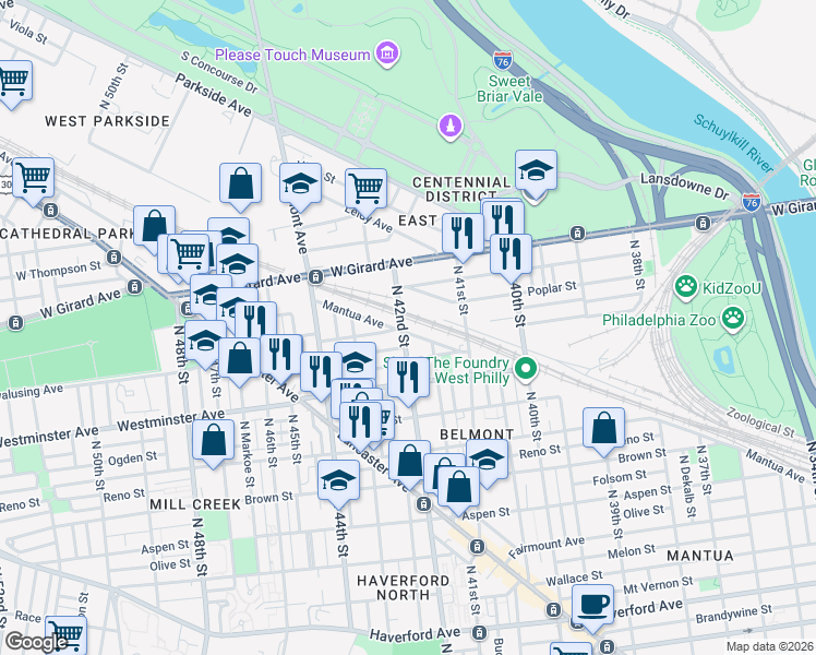 map of restaurants, bars, coffee shops, grocery stores, and more near 4203 Mantua Avenue in Philadelphia