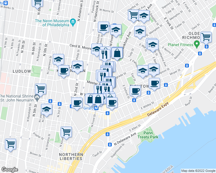 map of restaurants, bars, coffee shops, grocery stores, and more near 3 West Master Street in Philadelphia