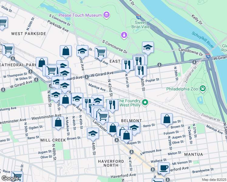 map of restaurants, bars, coffee shops, grocery stores, and more near 4173 Mantua Avenue in Philadelphia