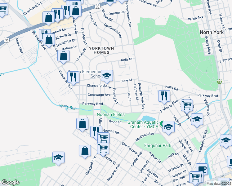 map of restaurants, bars, coffee shops, grocery stores, and more near 763 Conewago Avenue in York