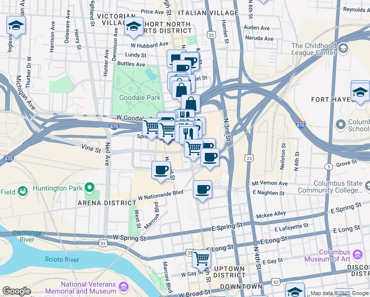 map of restaurants, bars, coffee shops, grocery stores, and more near 491 North High Street in Columbus