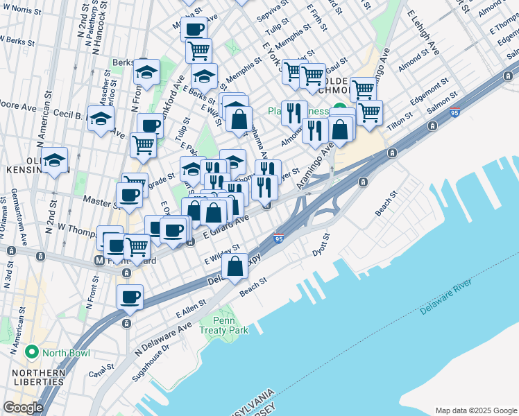 map of restaurants, bars, coffee shops, grocery stores, and more near 1201 East Berks Street in Philadelphia
