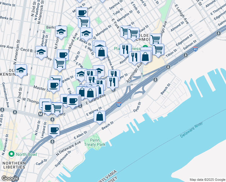 map of restaurants, bars, coffee shops, grocery stores, and more near East Girard Avenue & East Berks Street in Philadelphia