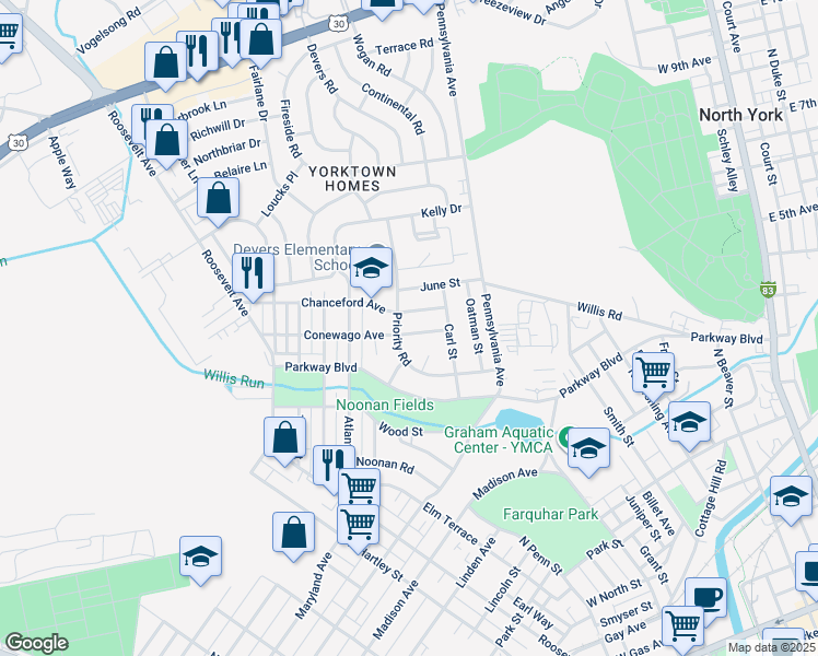 map of restaurants, bars, coffee shops, grocery stores, and more near 763 Conewago Avenue in York