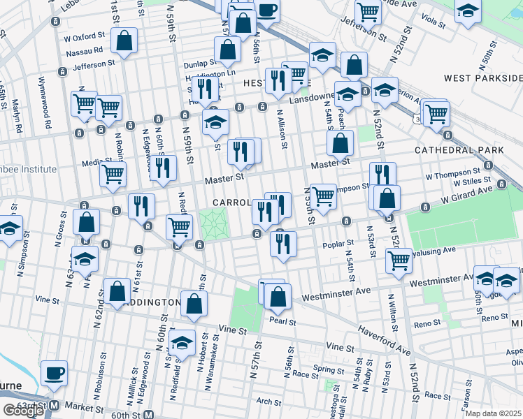 map of restaurants, bars, coffee shops, grocery stores, and more near 1248 North Frazier Street in Philadelphia