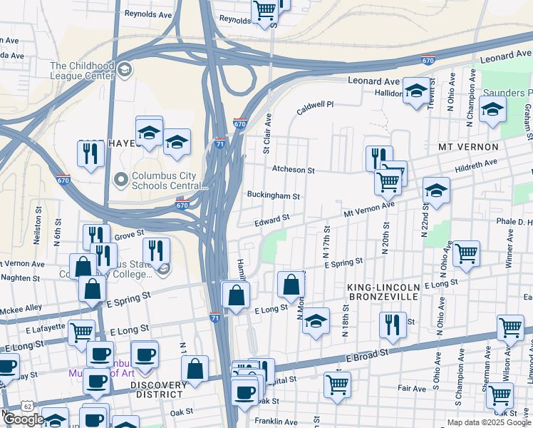 map of restaurants, bars, coffee shops, grocery stores, and more near 340 Saint Clair Avenue in Columbus