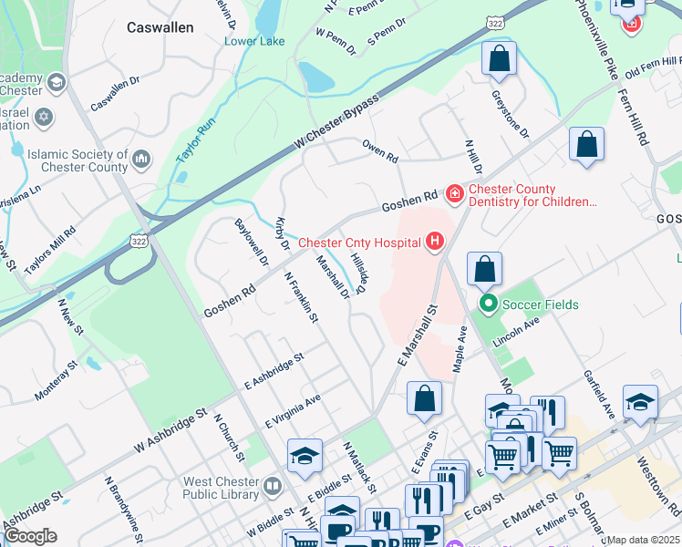 map of restaurants, bars, coffee shops, grocery stores, and more near 735 Marshall Drive in West Chester
