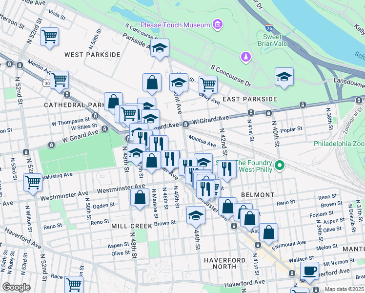 map of restaurants, bars, coffee shops, grocery stores, and more near 1006 Belmont Avenue in Philadelphia