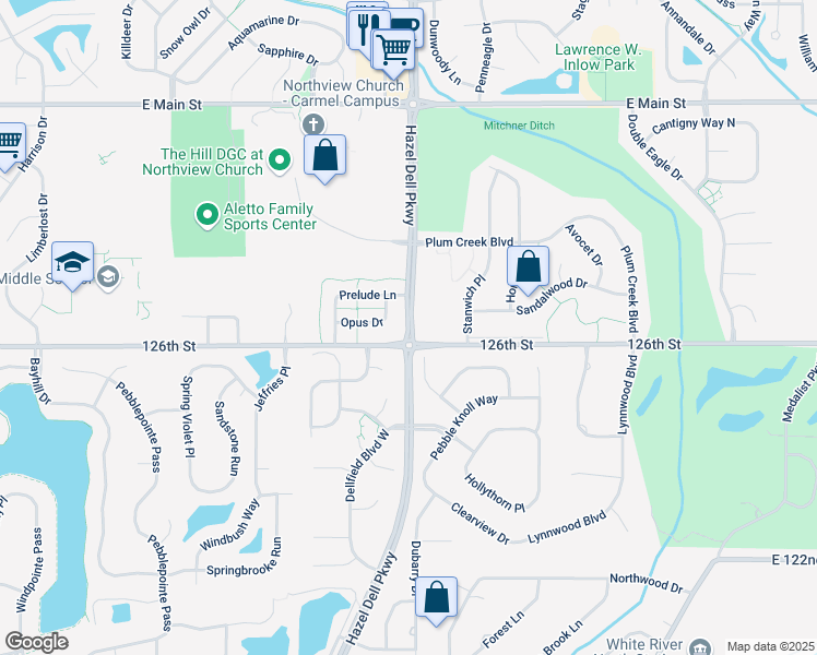 map of restaurants, bars, coffee shops, grocery stores, and more near Hazel Dell Parkway in Carmel