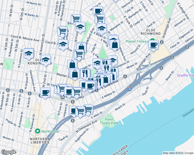 map of restaurants, bars, coffee shops, grocery stores, and more near 420 East Thompson Street in Philadelphia