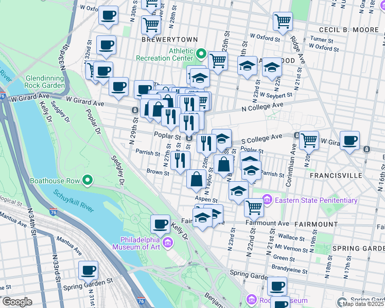 map of restaurants, bars, coffee shops, grocery stores, and more near 838 North Bambrey Street in Philadelphia