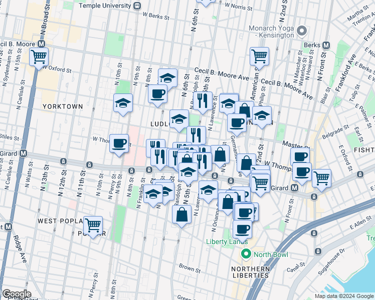 map of restaurants, bars, coffee shops, grocery stores, and more near 1309 North Randolph Street in Philadelphia