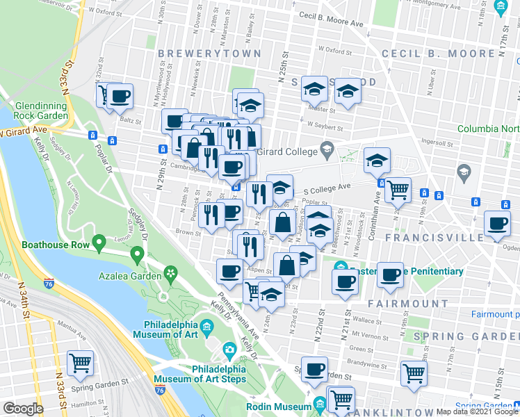 map of restaurants, bars, coffee shops, grocery stores, and more near North 25th Street in Philadelphia