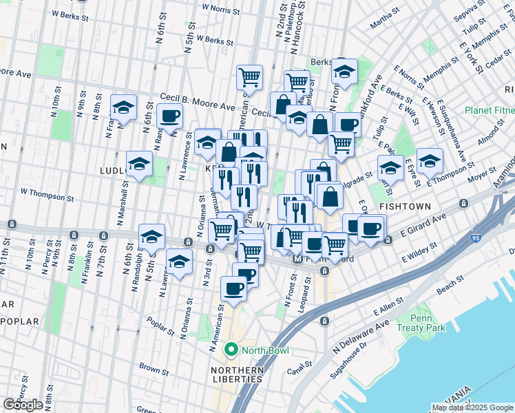 map of restaurants, bars, coffee shops, grocery stores, and more near 1356 North Palethorp Street in Philadelphia