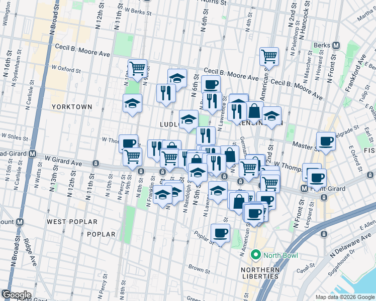 map of restaurants, bars, coffee shops, grocery stores, and more near 1314 North Randolph Street in Philadelphia