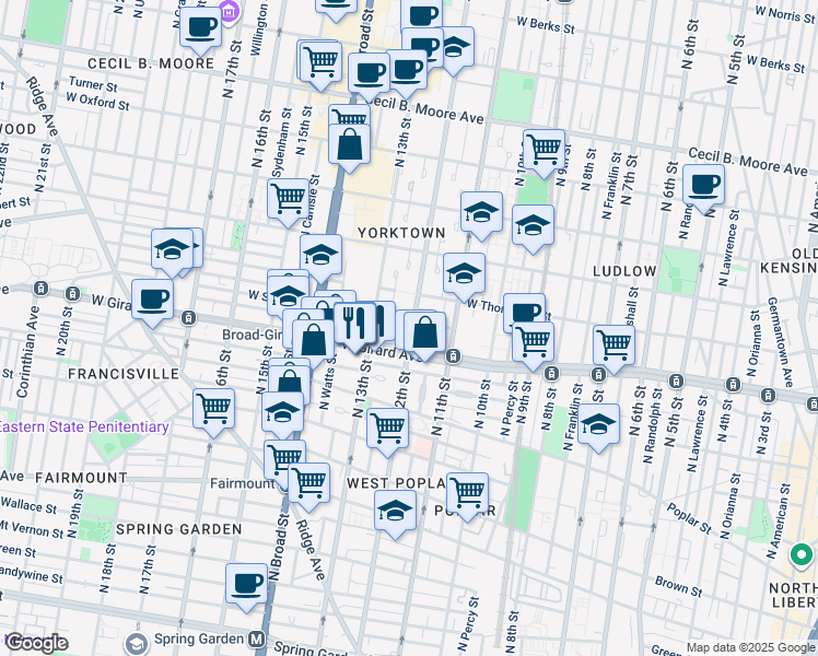 map of restaurants, bars, coffee shops, grocery stores, and more near 1201 West Flora Street in Philadelphia