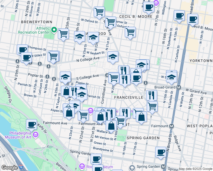 map of restaurants, bars, coffee shops, grocery stores, and more near 905 Corinthian Avenue in Philadelphia