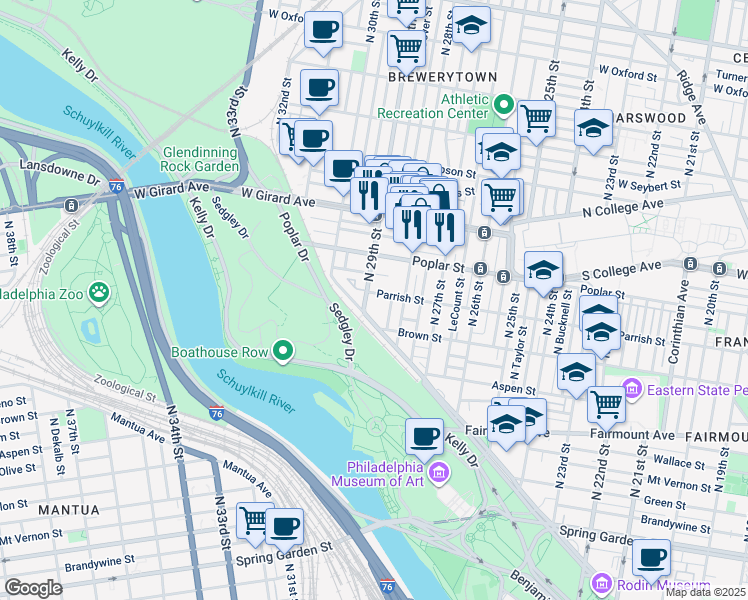 map of restaurants, bars, coffee shops, grocery stores, and more near 825 North 29th Street in Philadelphia