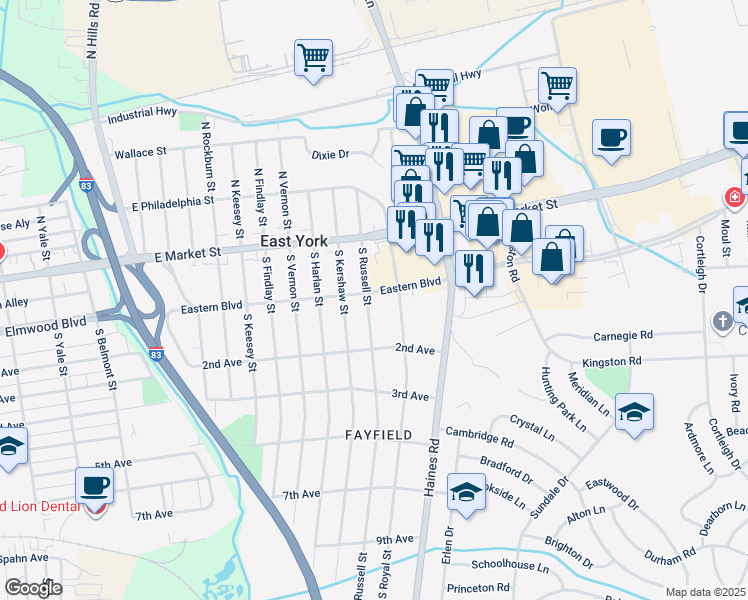 map of restaurants, bars, coffee shops, grocery stores, and more near 2220 Eastern Boulevard in East York