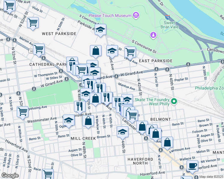 map of restaurants, bars, coffee shops, grocery stores, and more near 1011 North 45th Street in Philadelphia