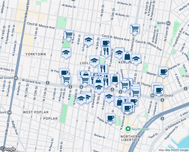 map of restaurants, bars, coffee shops, grocery stores, and more near 1309 North 6th Street in Philadelphia
