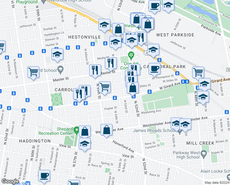 map of restaurants, bars, coffee shops, grocery stores, and more near 1225 North 54th Street in Philadelphia