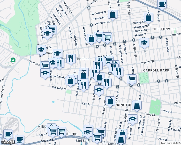 map of restaurants, bars, coffee shops, grocery stores, and more near 6340 Haverford Avenue in Philadelphia
