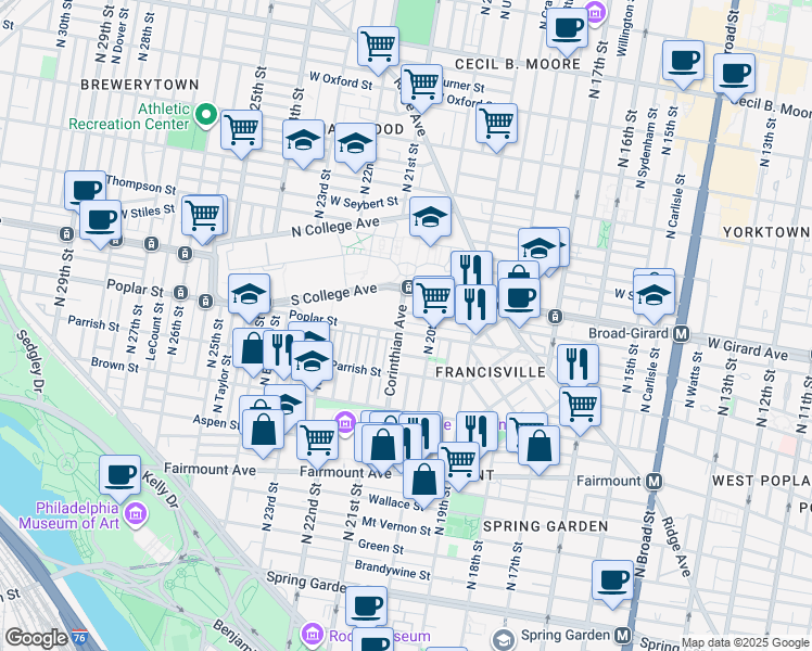 map of restaurants, bars, coffee shops, grocery stores, and more near 905 Corinthian Avenue in Philadelphia