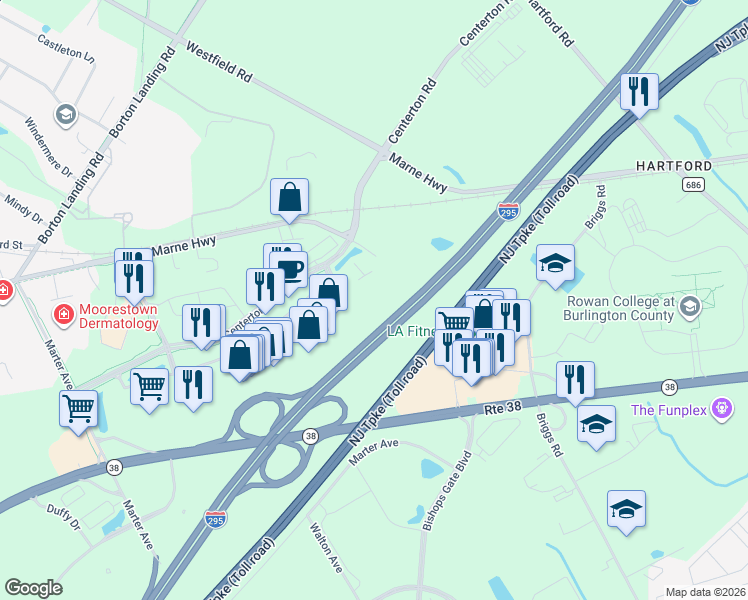 map of restaurants, bars, coffee shops, grocery stores, and more near 100 Centerton Road in Mount Laurel Township