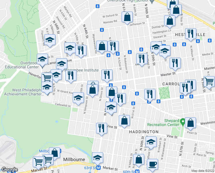 map of restaurants, bars, coffee shops, grocery stores, and more near 554 North 63rd Street in Philadelphia