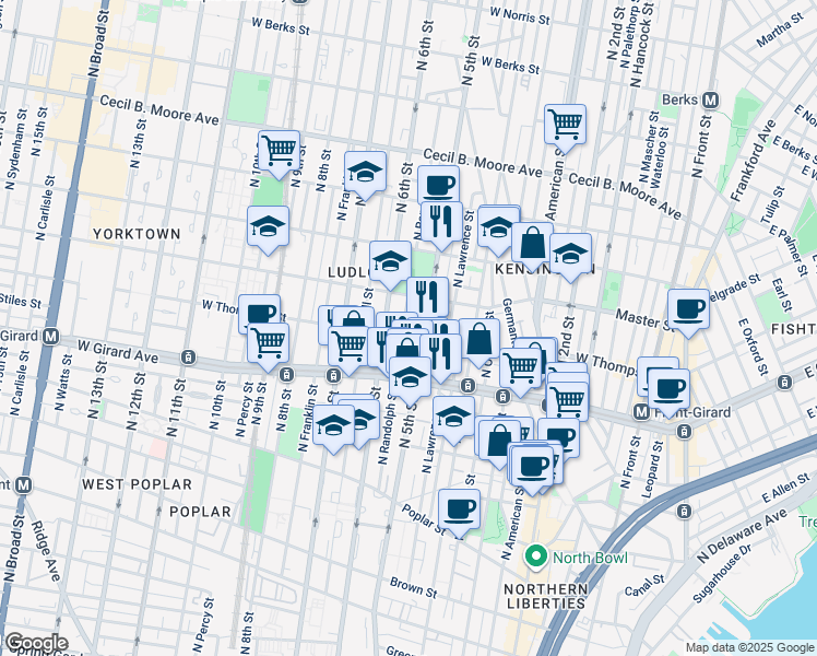 map of restaurants, bars, coffee shops, grocery stores, and more near 1309 North Randolph Street in Philadelphia