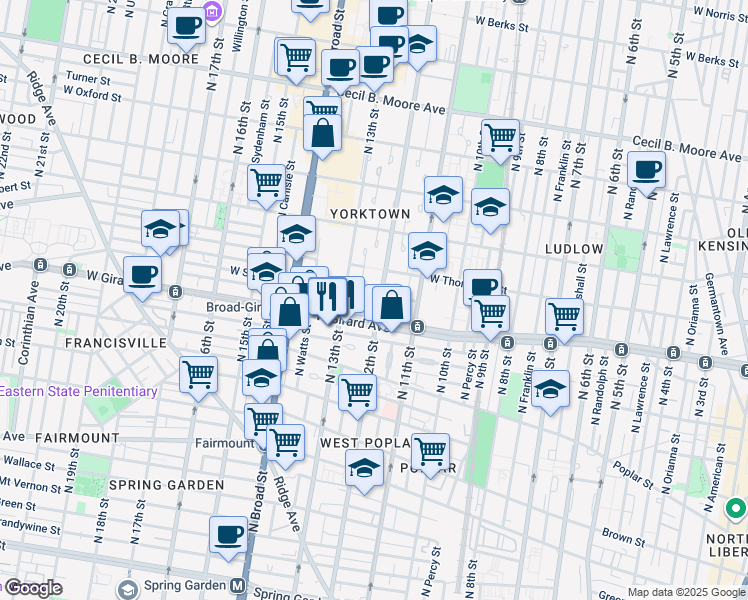 map of restaurants, bars, coffee shops, grocery stores, and more near 1205 West Flora Street in Philadelphia