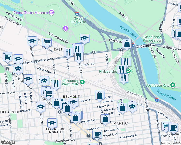 map of restaurants, bars, coffee shops, grocery stores, and more near 3932 Pennsgrove Street in Philadelphia