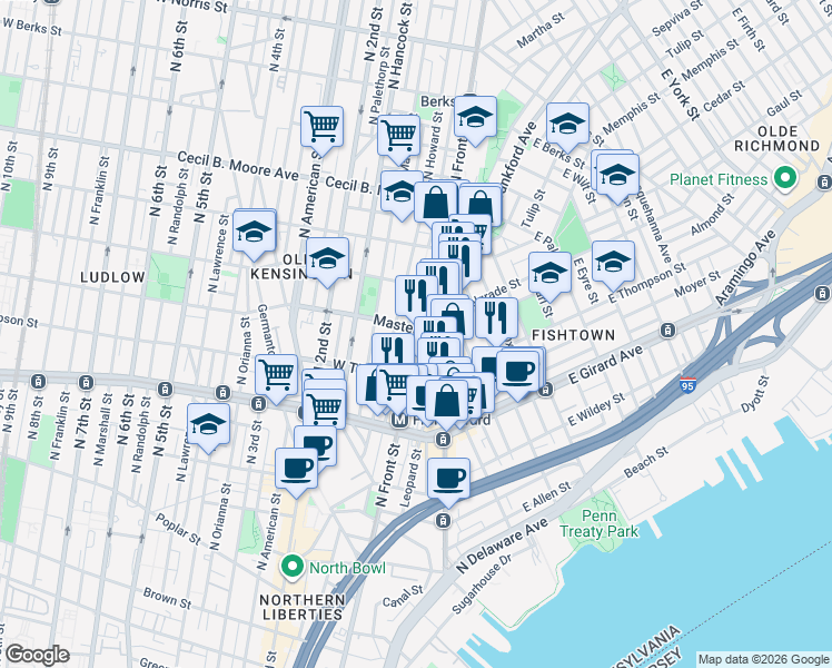 map of restaurants, bars, coffee shops, grocery stores, and more near 1405 North Front Street in Philadelphia