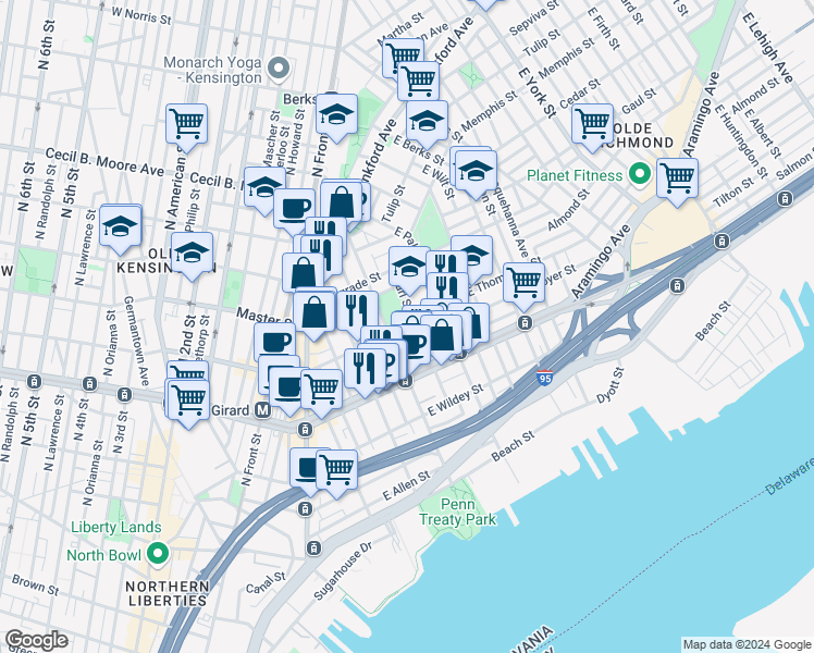 map of restaurants, bars, coffee shops, grocery stores, and more near 420 East Thompson Street in Philadelphia