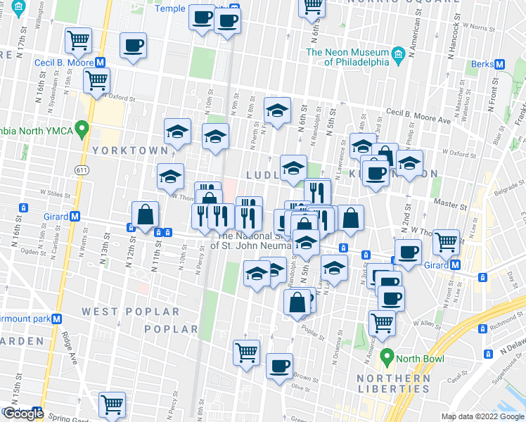 map of restaurants, bars, coffee shops, grocery stores, and more near N 7th St & W Thompson St in Philadelphia
