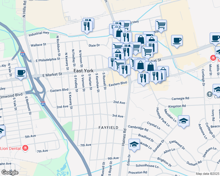 map of restaurants, bars, coffee shops, grocery stores, and more near 2220 Eastern Boulevard in East York