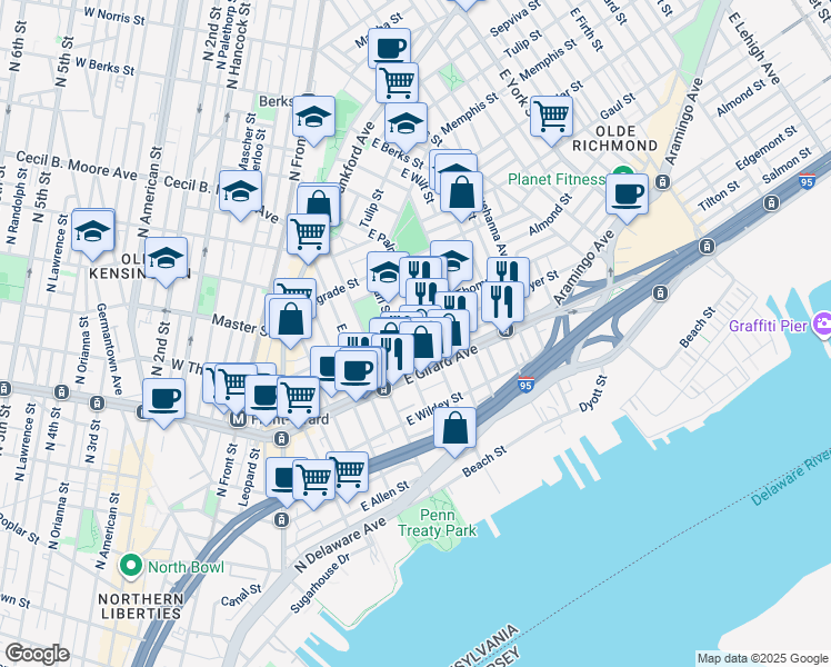 map of restaurants, bars, coffee shops, grocery stores, and more near 461 Moyer Street in Philadelphia