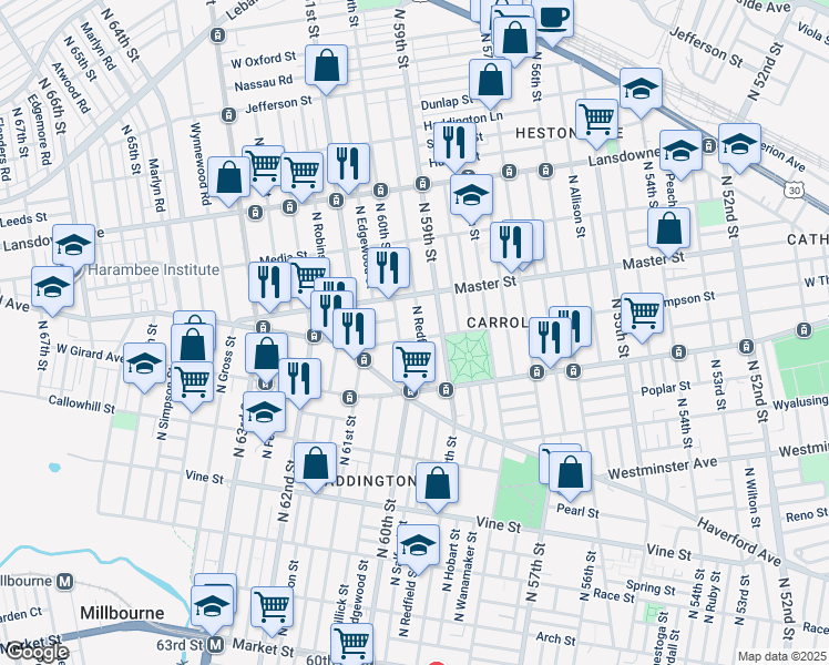 map of restaurants, bars, coffee shops, grocery stores, and more near 5919 West Thompson Street in Philadelphia