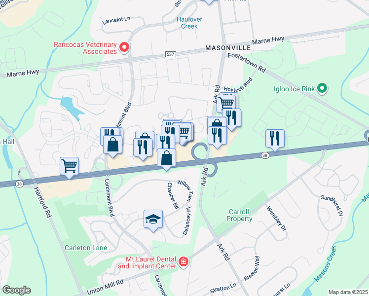 map of restaurants, bars, coffee shops, grocery stores, and more near 3111 New Jersey 38 in Mount Laurel Township