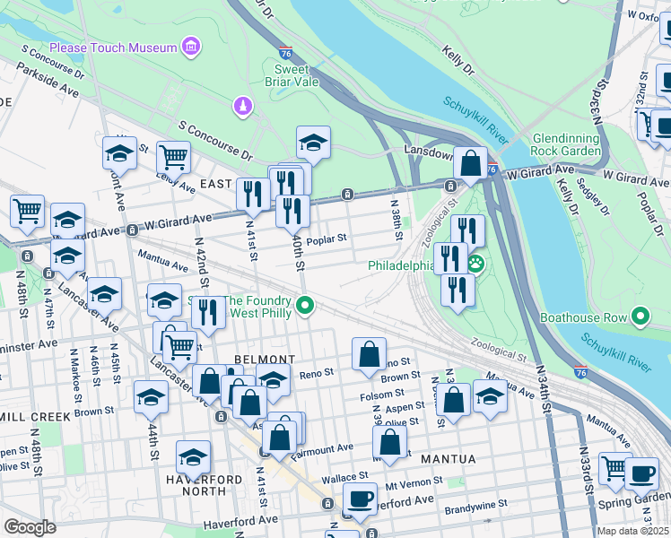 map of restaurants, bars, coffee shops, grocery stores, and more near 3932 Pennsgrove Street in Philadelphia