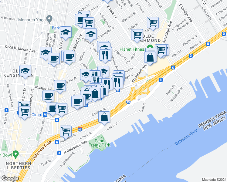 map of restaurants, bars, coffee shops, grocery stores, and more near 623 East Girard Avenue in Philadelphia