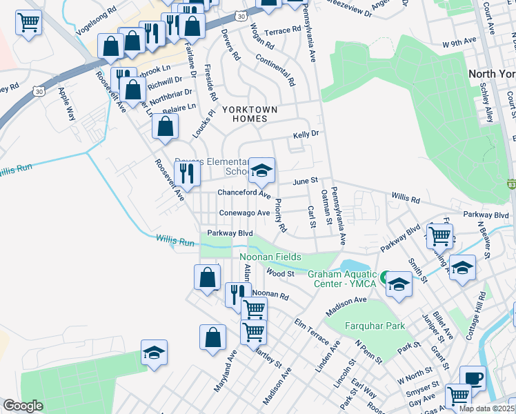 map of restaurants, bars, coffee shops, grocery stores, and more near 805 Conewago Avenue in York