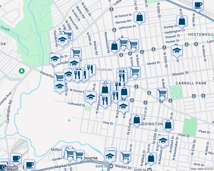 map of restaurants, bars, coffee shops, grocery stores, and more near 6416 Haverford Avenue in Philadelphia