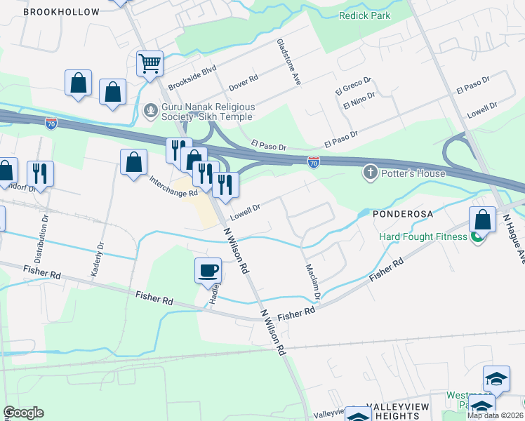 map of restaurants, bars, coffee shops, grocery stores, and more near 3447 Lowell Drive in Columbus
