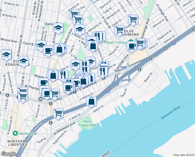 map of restaurants, bars, coffee shops, grocery stores, and more near 615 East Girard Avenue in Philadelphia