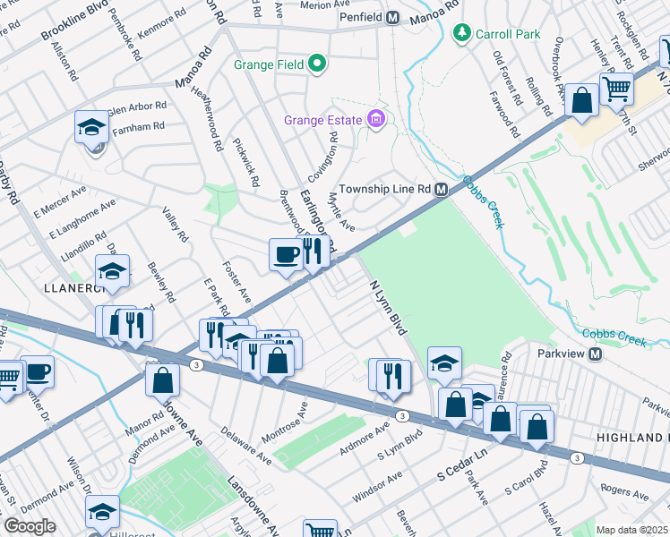 map of restaurants, bars, coffee shops, grocery stores, and more near 256 Barclay Road in Delaware County